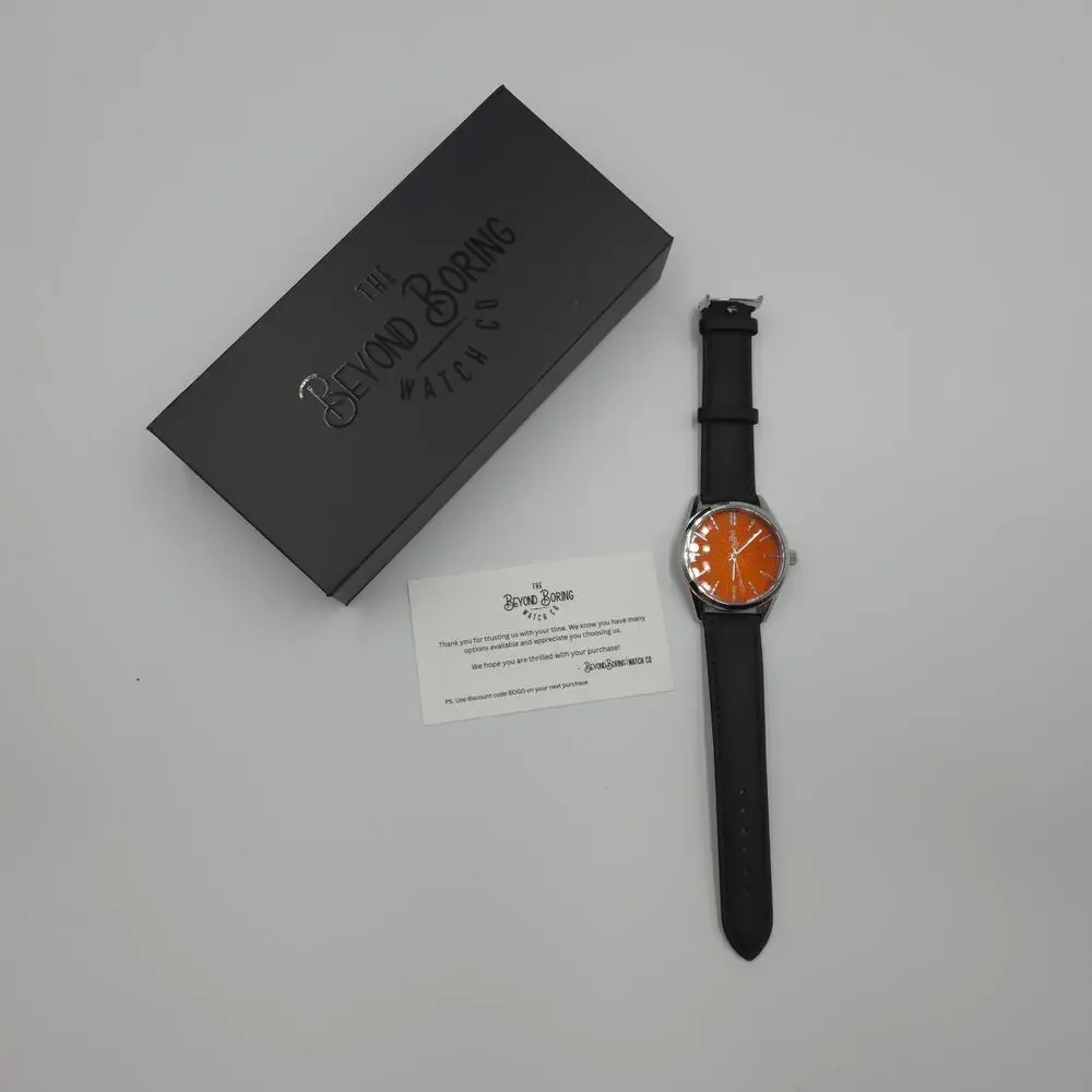 The Beyond Boring Watch Company in Orange Sunburst Watch Black Leather 39mm